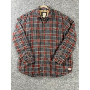 LL Bean Shirt Jacket Mens XL Red Grey Sherpa Fleece Lined Flannel Plaid Casual